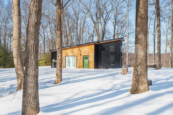 A cabin with a wooden exterior and a black door, surrounded by snow and trees.