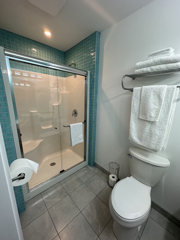 Douche, articles de toilette (gratuits), serviettes fournies, savon
