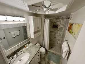 Hair dryer, towels, soap, shampoo