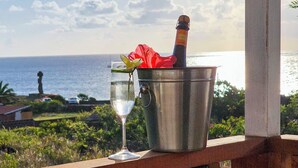 A metal bucket with a bottle of champagne and a glass of champagne, placed on a wooden railing with a view of the ocean and a statue in the background.