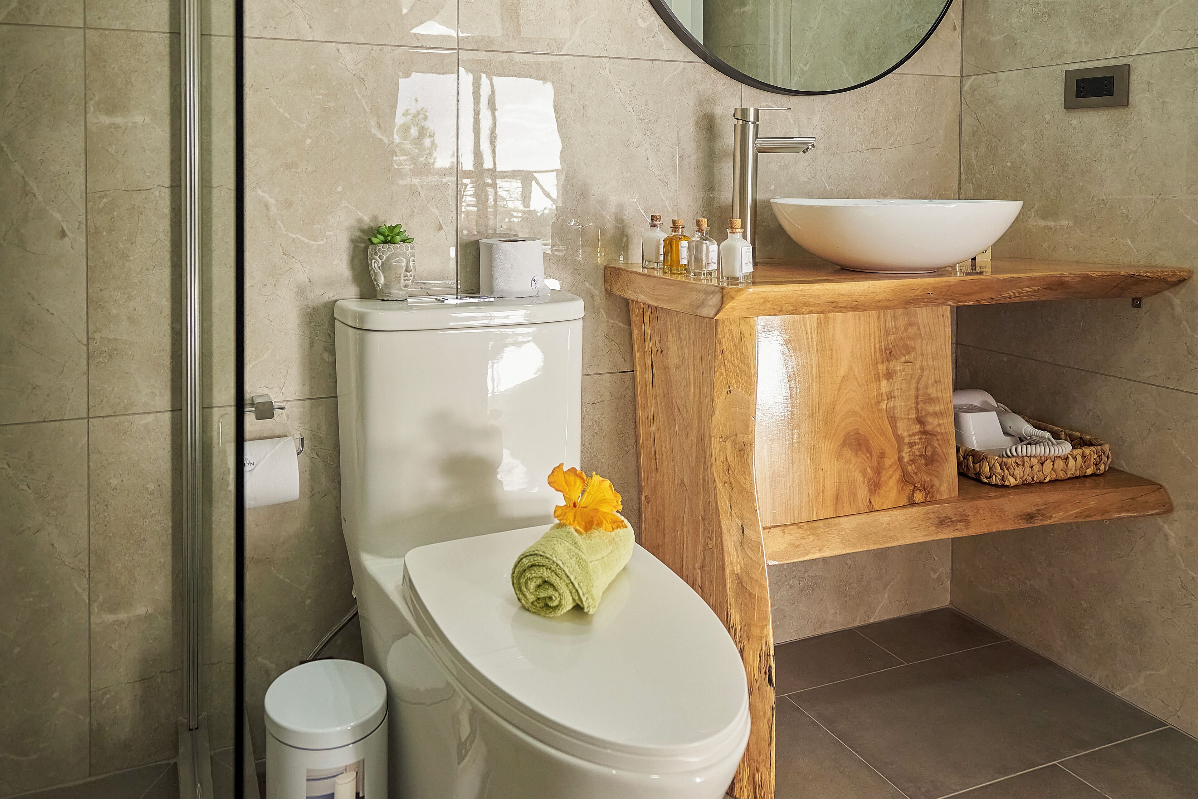 A modern bathroom with a white toilet, a wooden vanity with a vessel sink, and a small plant on the vanity.