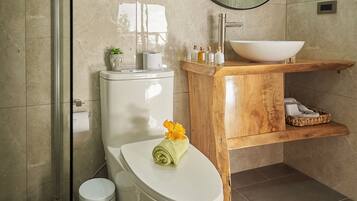 A modern bathroom with a white toilet, a wooden vanity with a vessel sink, and a small plant on the vanity.