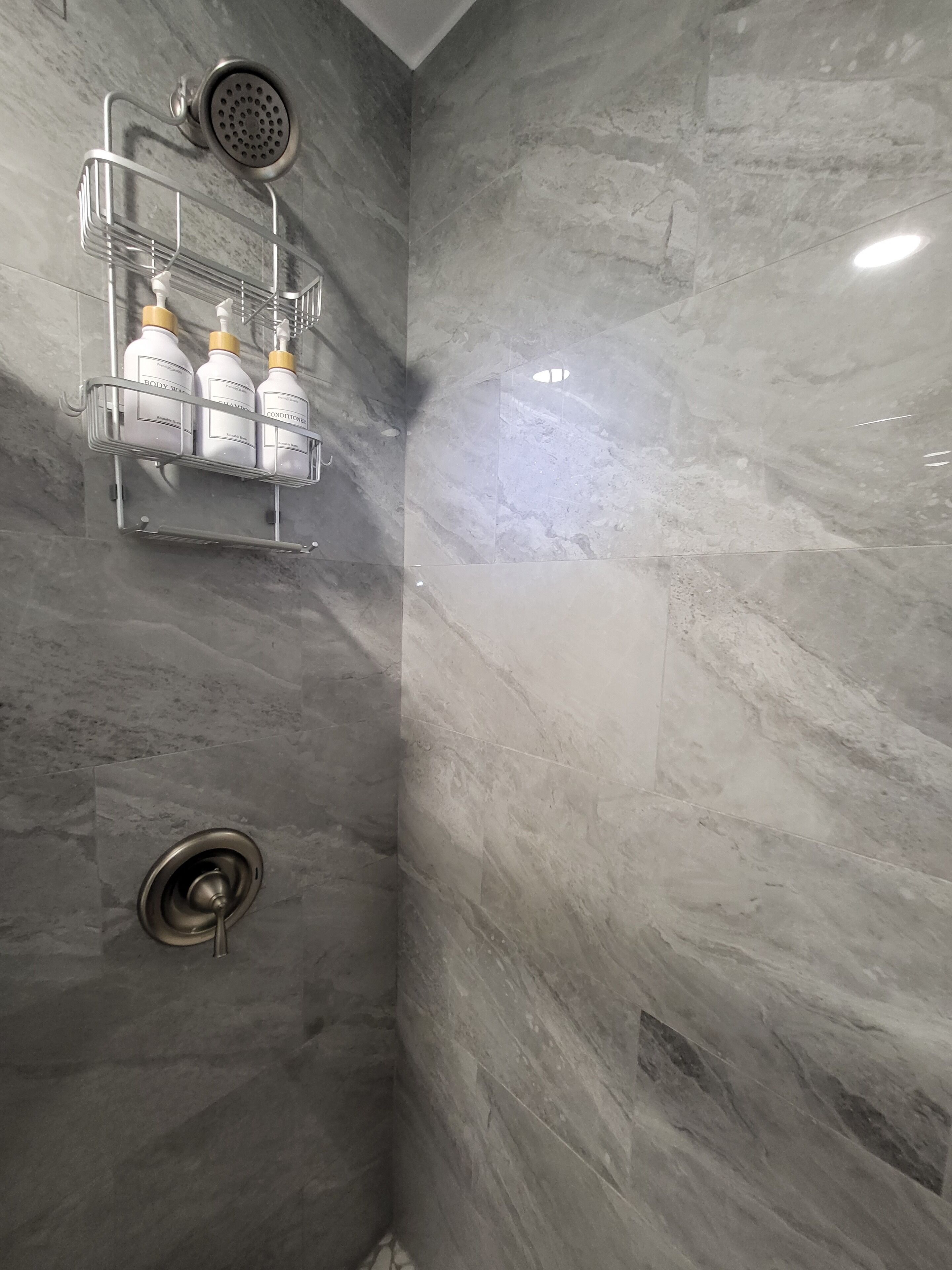Shower, towels, soap, shampoo