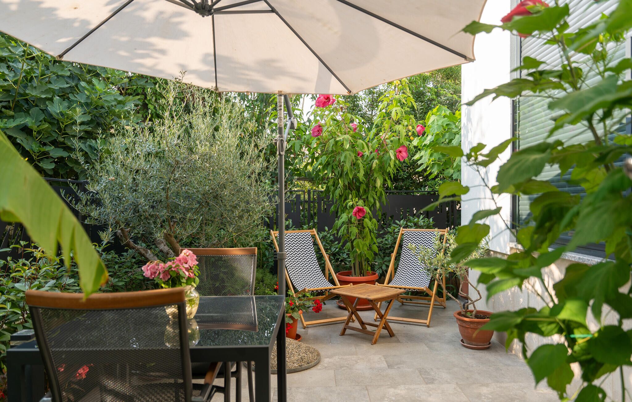 An outdoor patio with a glass table, two chairs with patterned cushions, a large umbrella, and various potted plants.