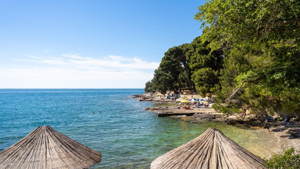A beach with clear blue water, two thatched umbrellas, and a rocky shoreline with trees.