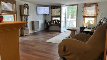 Smart TV, fireplace, books