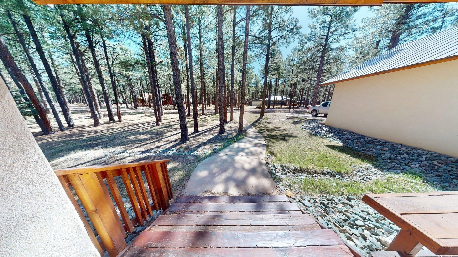 Una terraza de madera que conduce a una zona cubierta con vistas a un área boscosa.