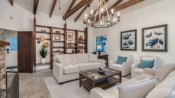 Smart TV, fireplace, books