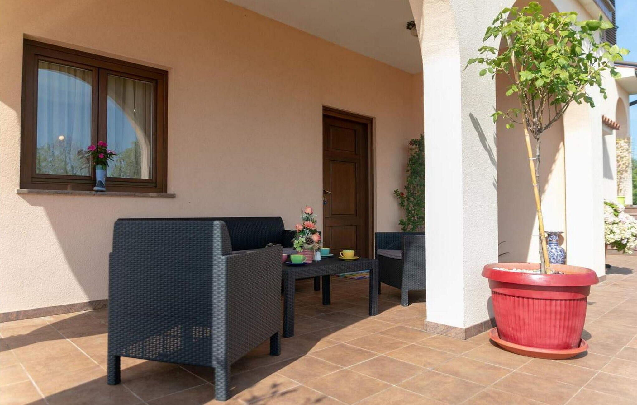 Un espace extérieur aménagé avec des meubles en osier, une plante en pot et une porte donnant accès à l’intérieur.