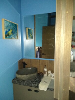 Shower, towels, shampoo, toilet paper