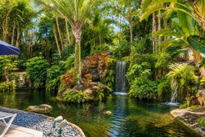 Un jardín tranquilo con un estanque, una cascada y abundante vegetación.
