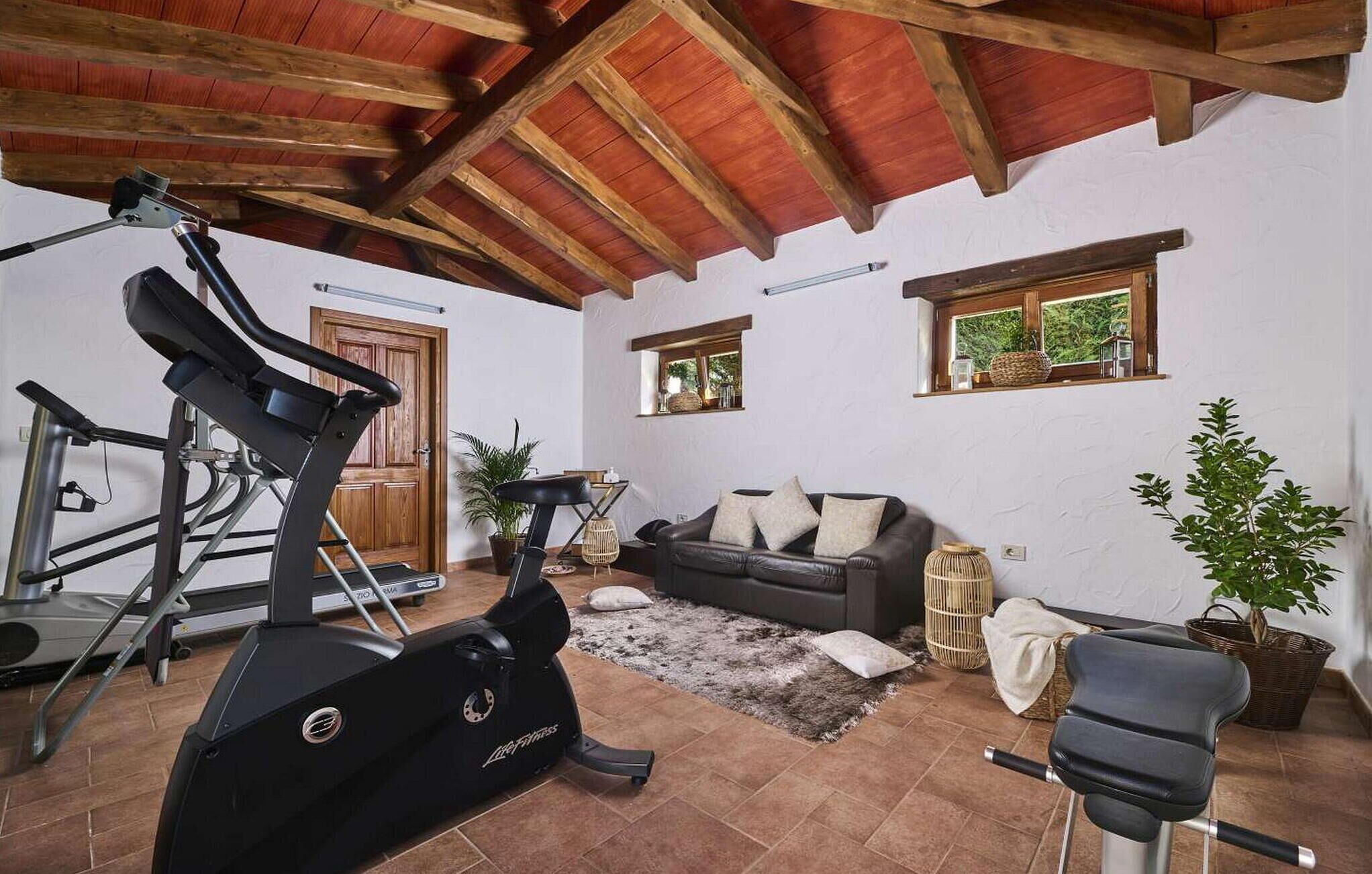 Uma academia em casa com equipamentos de exercícios, um sofá e uma janela com vista para áreas verdes.