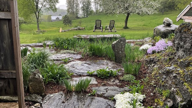 A rustic outdoor seating area with stone steps and greenery, overlooking a grassy field and a wooden structure in the distance. - The Pond Cabin at Sky Hollow, The Hunter Cabin at Sky Hollow (Rochester)