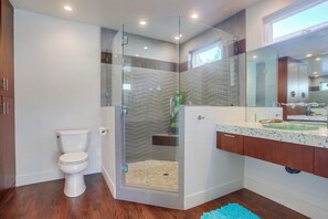 A modern bathroom with a glass-enclosed shower, a toilet, and a vanity with a mirror.