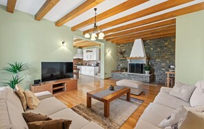 TV, fireplace, foosball