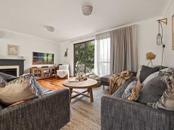 Smart TV, fireplace, books