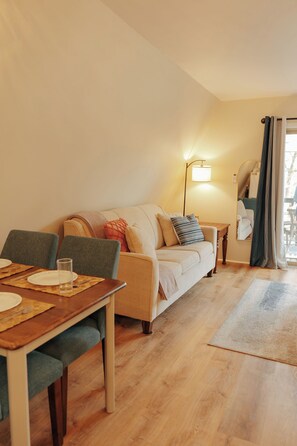 Smart TV, fireplace, DVD player, books