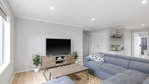 TV, fireplace, DVD player, books