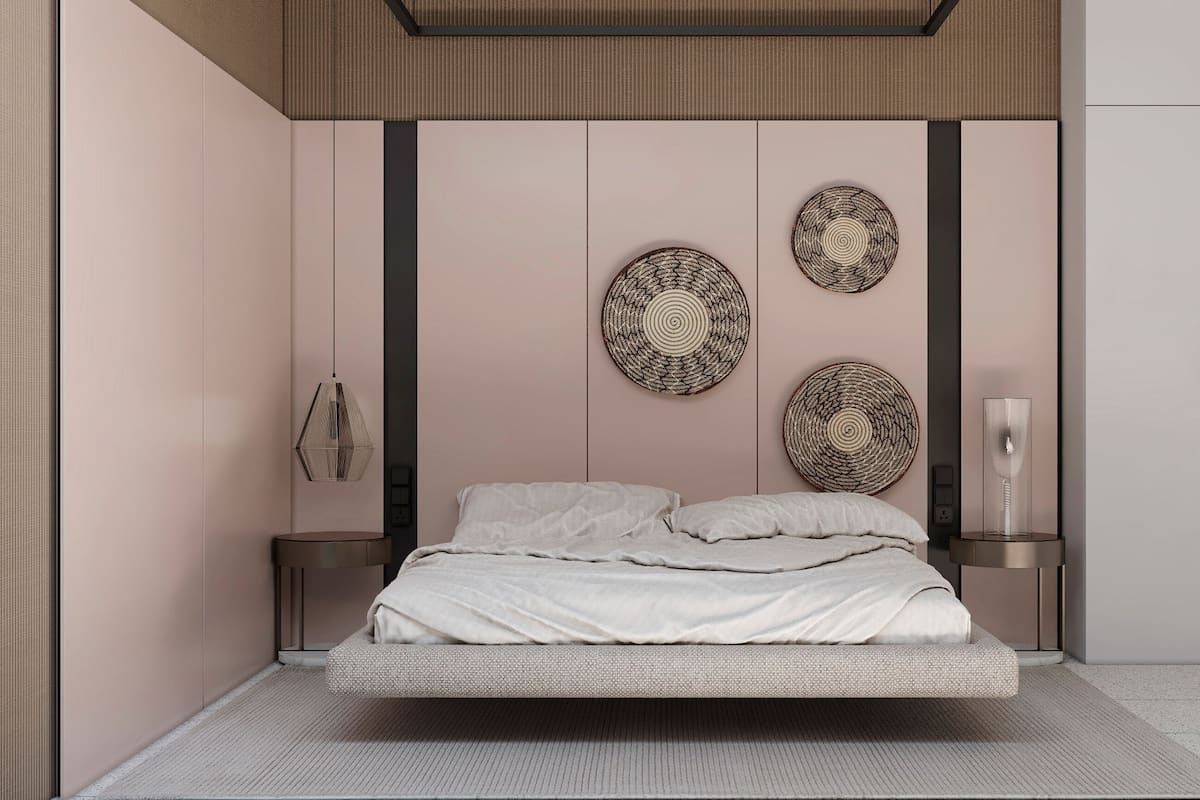 A modern bedroom with a hanging bed, a bedside table, and decorative wall art.