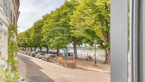 A street view with parked cars, trees, and a river.