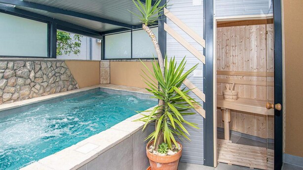 Ein Schwimmbecken mit einer Steinmauer und einer Holztür zur Sauna.