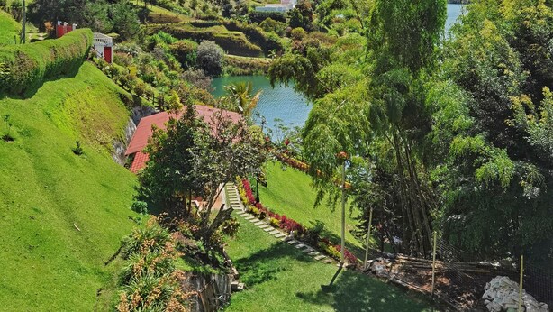Un paysage verdoyant et luxuriant, avec des champs en terrasses, un petit bâtiment doté d’un toit rouge et une étendue d’eau à l’horizon.