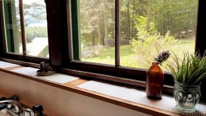 Une fenêtre donnant sur une forêt, un rebord en bois, une petite bouteille et un vase en verre contenant des plantes.
