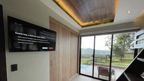 A modern interior with a flat-screen TV mounted on the wall, a wooden door, and a view of a pool and landscape through large glass doors.