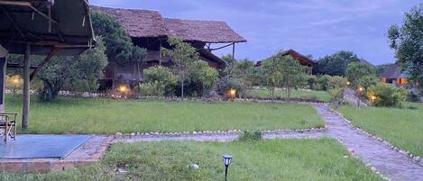 A rustic lodge with a thatched roof, a stone pathway, and a grassy lawn.