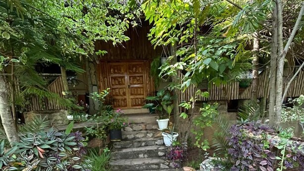 A stone pathway leading to a wooden door, surrounded by lush greenery and potted plants. - Eco Mara Tented Camp  (Maasai Mara)