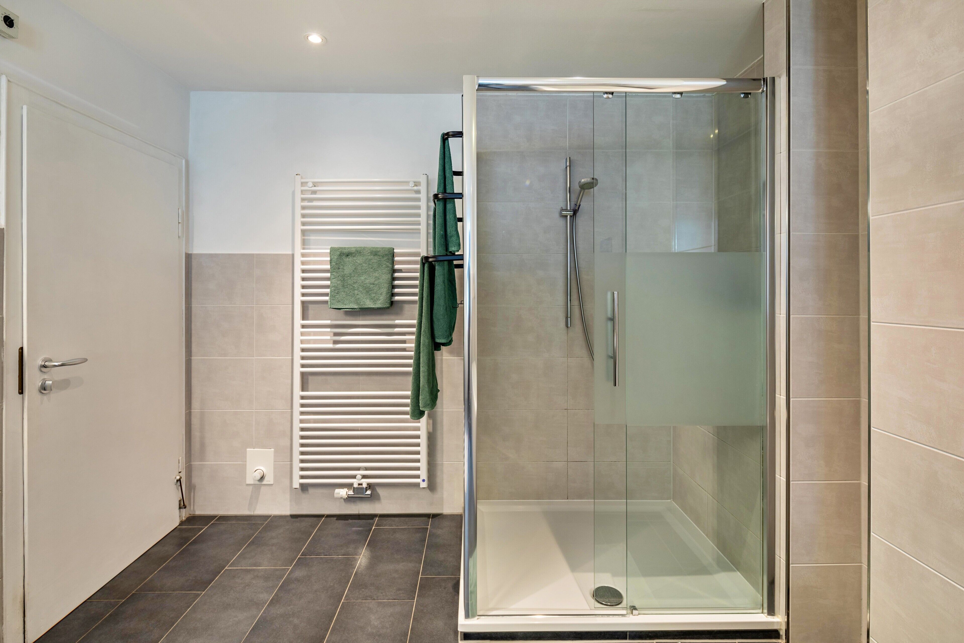 Un baño moderno con ducha de vidrio, toallero blanco y toalla verde.