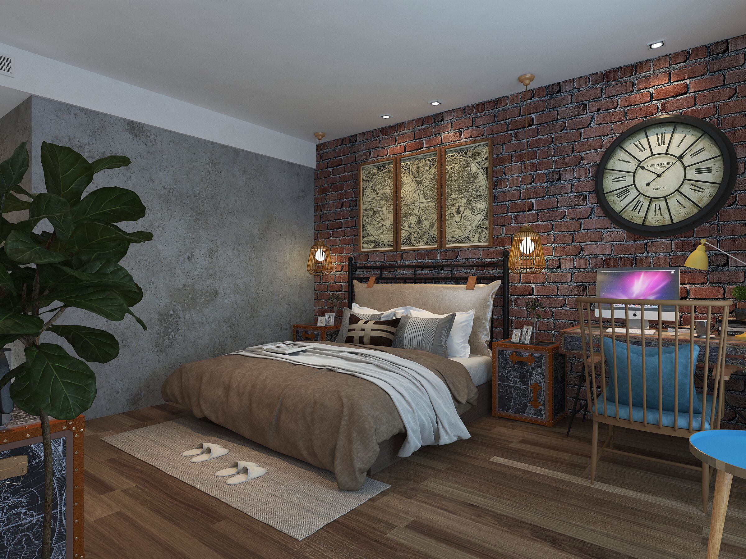 Ein Schlafzimmer mit Backsteinwand, einer großen Wanduhr, einem Bett mit Kopfteil, Nachttischen, einem Schreibtisch und einem Stuhl.