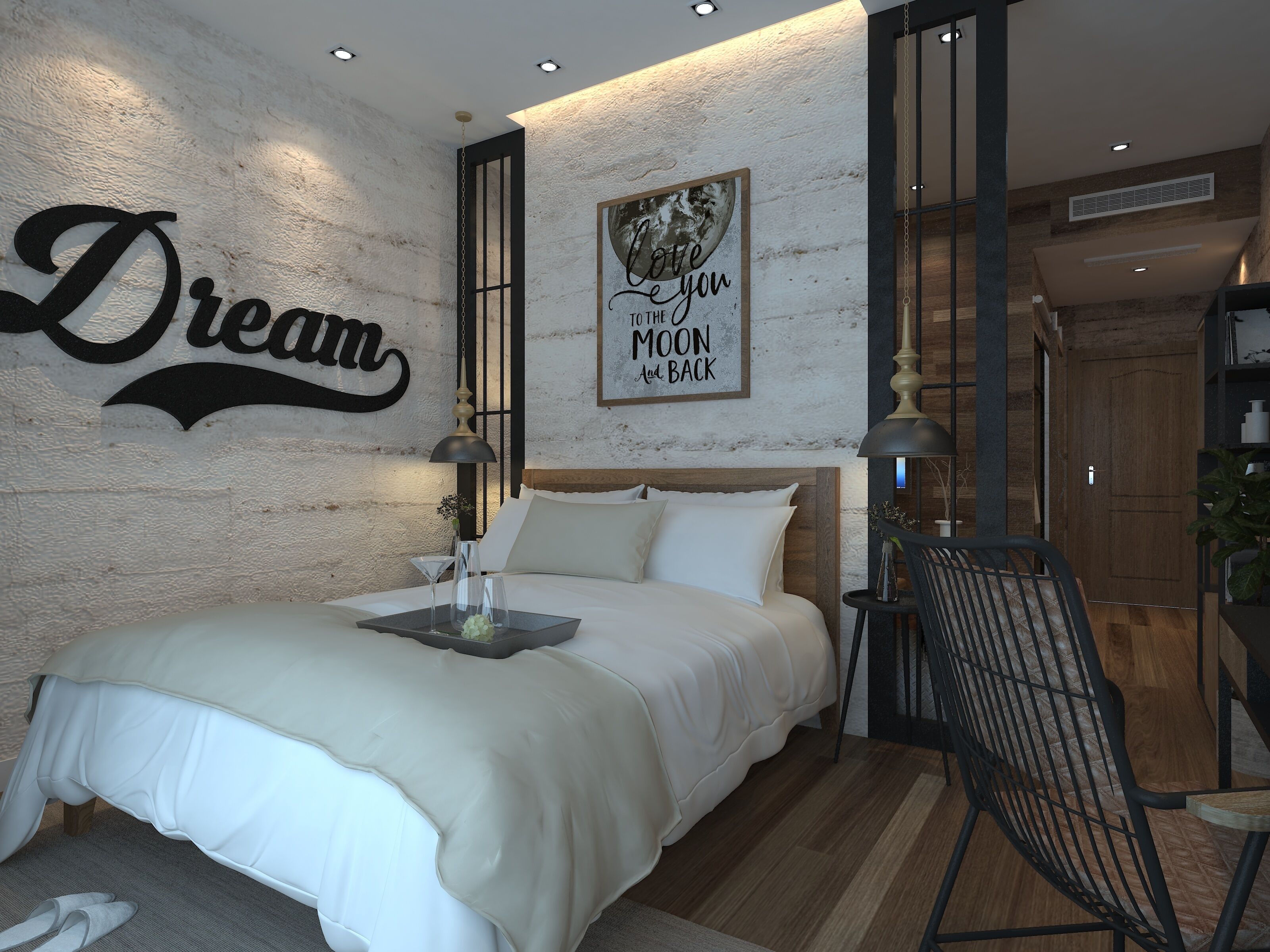 Ein modernes Schlafzimmer mit einem großen Bett, einem Wandbild und einem Nachttisch mit Lampe.