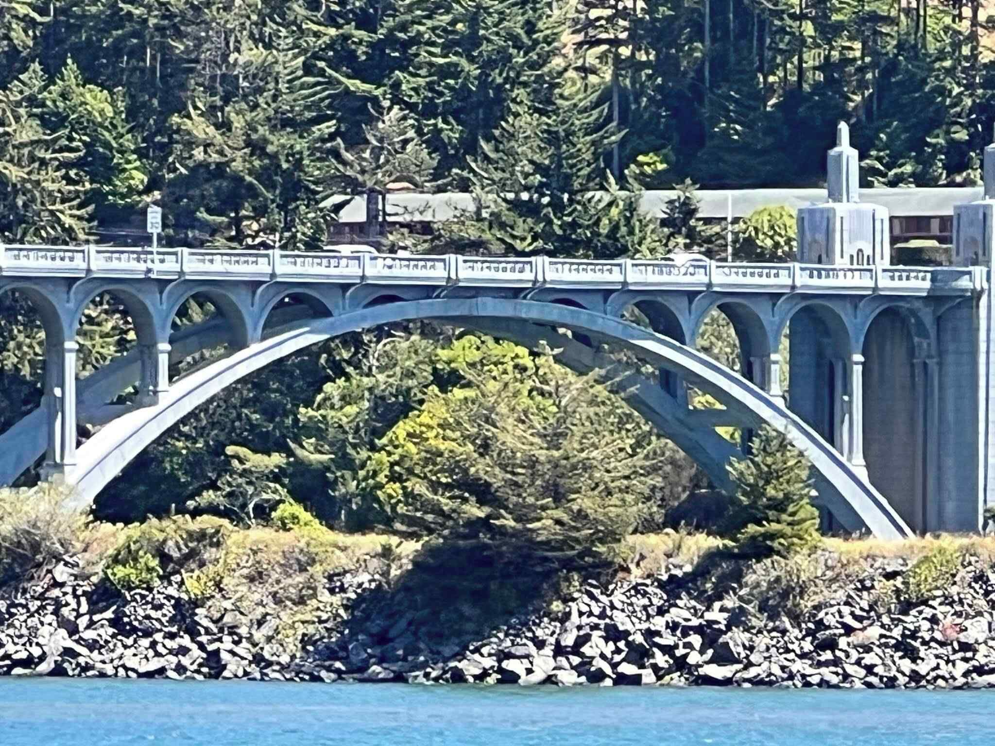 Un pont d'arc sobre una massa d'aigua, envoltat de terrenys rocosos i una forest densa.