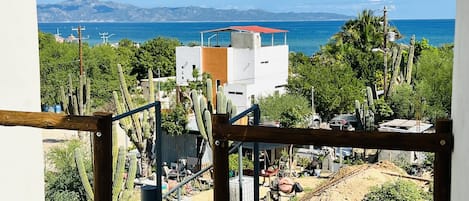 A balcony with a view of the sea, a building with a red roof, and a garden with cacti.