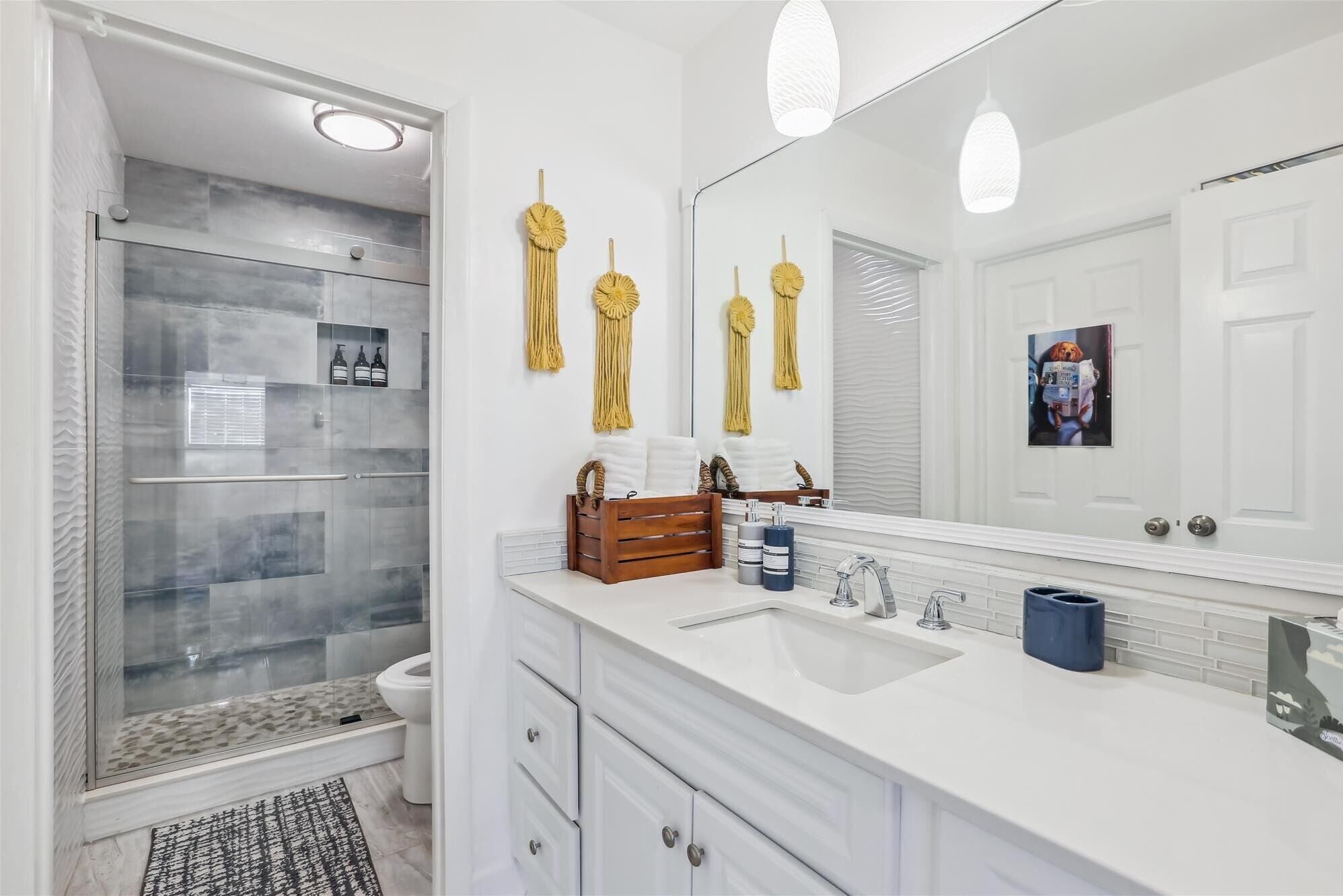 Hair dryer, towels, soap, shampoo