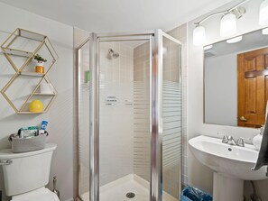 Shower, hair dryer, towels