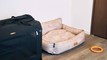 A room with a large black suitcase, a beige pet bed, and an orange toy on the floor.