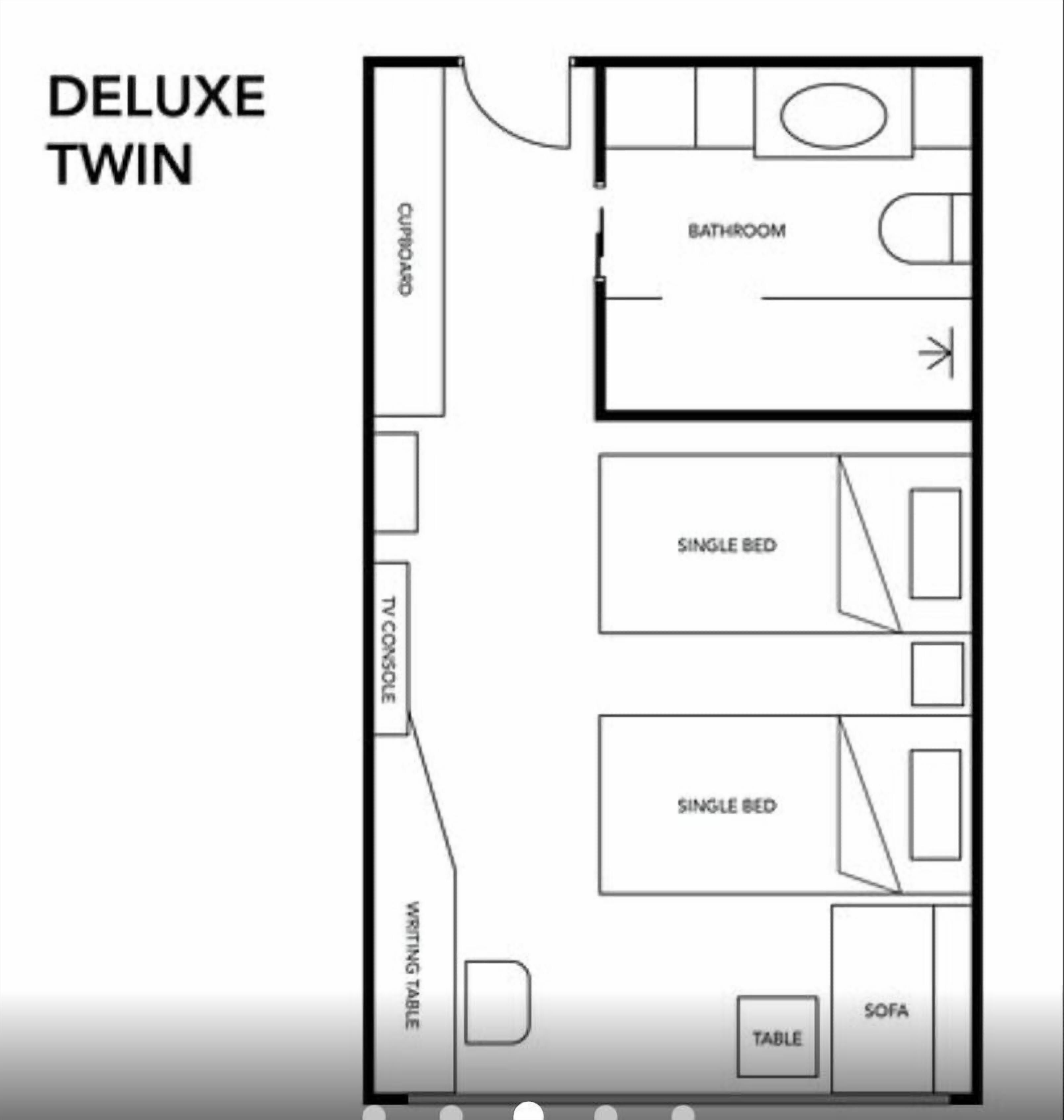 Indeling van een LUXE TWIN kamer met een enkel bed, een slaapbank, een tafel, een tv-meubel, een bureau en een badkamer.