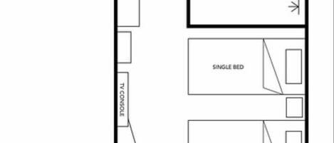 A DELUXE TWIN room layout with a single bed, a sofa, a table, a TV console, a writing table, and a bathroom.