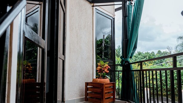 Un balcon agrémenté d’un pot de fleurs, d’une caisse en bois et offrant une vue sur la verdure.