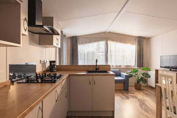 Fridge, stovetop, coffee/tea maker