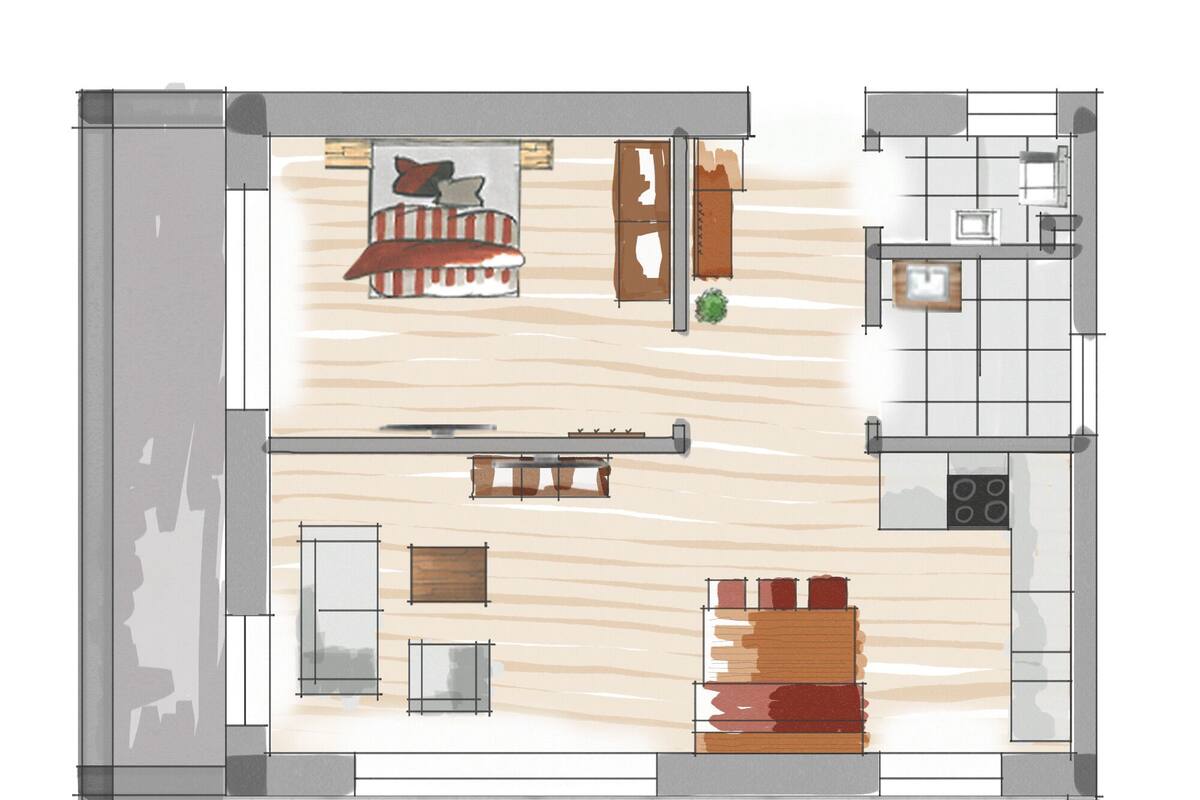 Grundriss eines Hotelzimmers mit Bett, Schreibtisch, Stuhl, kleinem Tisch und Fenster.