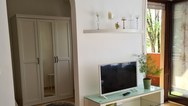 Uma sala de estar moderna com uma televisão de tela plana sobre um console de vidro, piso de madeira, um armário branco e vista através de uma porta de vidro.