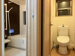 Hair dryer, bidet, towels, soap