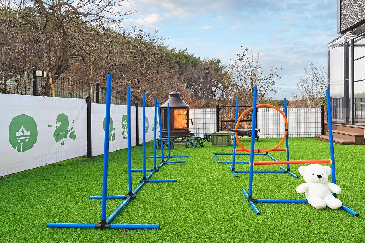 Un espace de jeux extérieur avec une pelouse artificielle, un jouet en forme d’ours et du matériel d’exercice.
