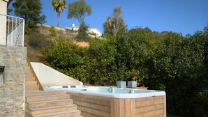 A hot tub with wooden steps leading up to it, surrounded by a lush green hedge and a clear blue sky.