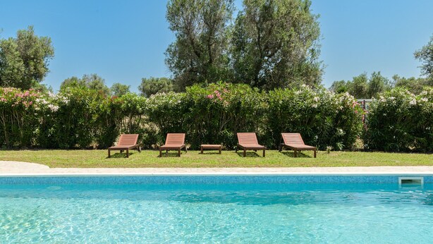 A clear blue pool with wooden lounge chairs aligned along the edge.