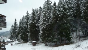 Ett snötäckt landskap med en stuga och en träveranda.
