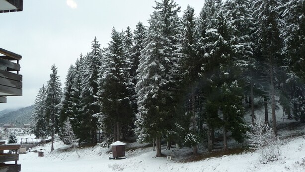 A snowy landscape with a cabin and a wooden deck. - Cozy 2BR Cabin Apartment with Balcony, Near Aquatic Center, Sleeps 6, No Pets (Les Adrets-Prapoutel)